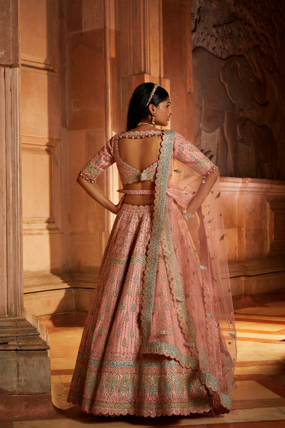 Peach Taffeta Lehenga with Pastel Patchwork & Tulle Dupatta
