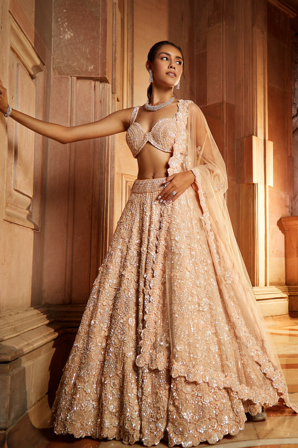 Peach Tulle Lehenga Choli Set with Floral Sequin Embroidery