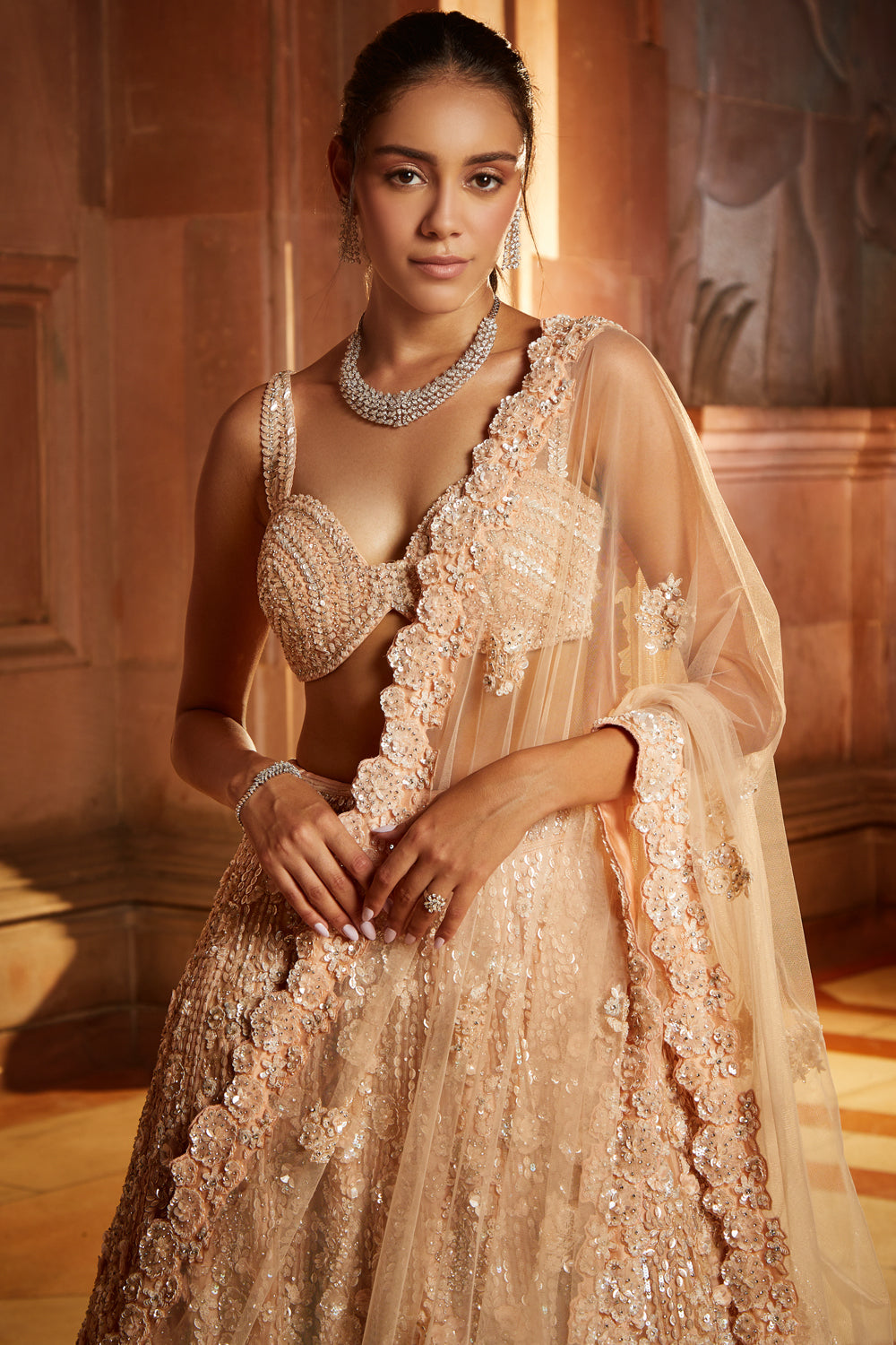 Peach Tulle Lehenga Choli Set with Floral Sequin Embroidery