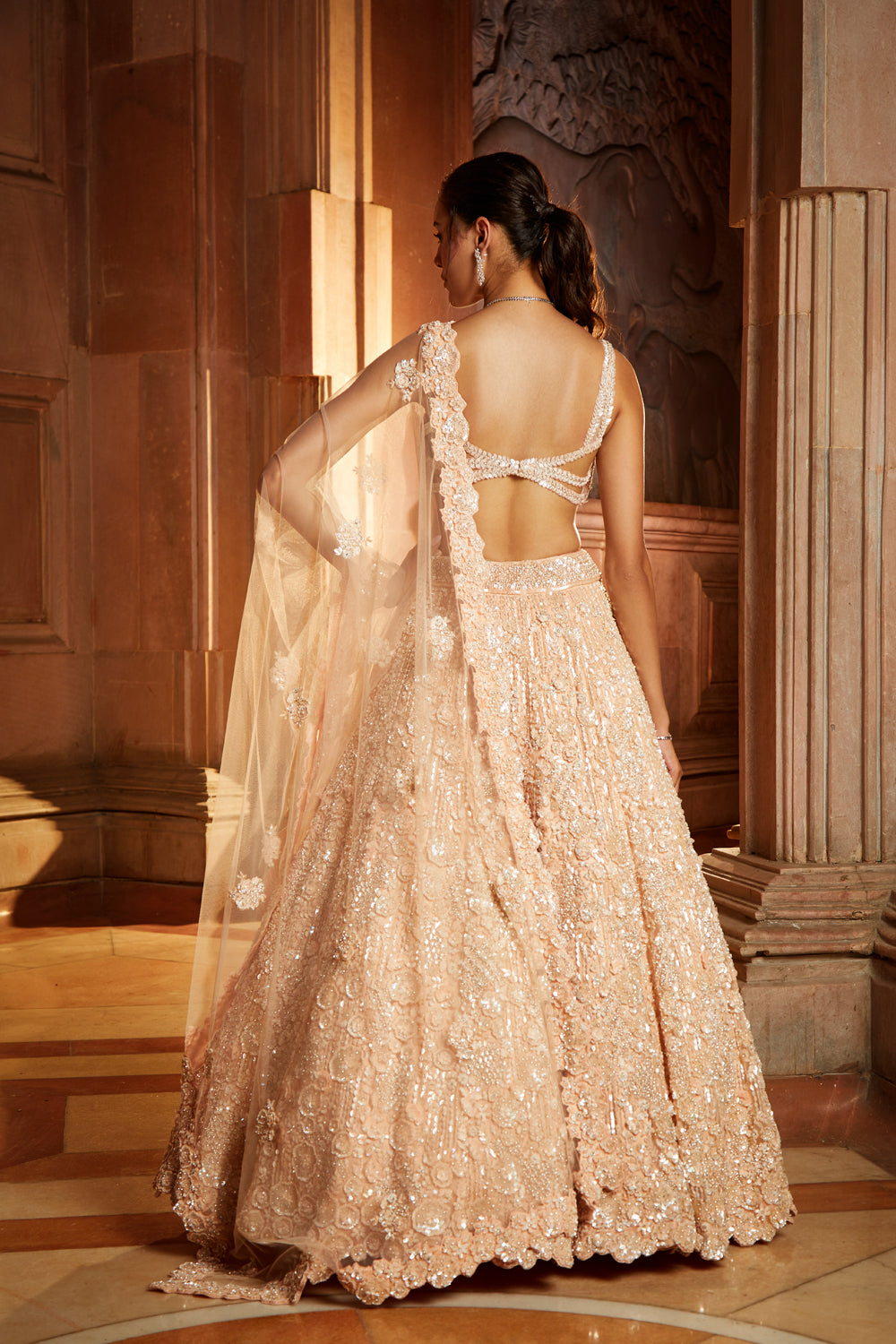 Peach Tulle Lehenga Choli Set with Floral Sequin Embroidery