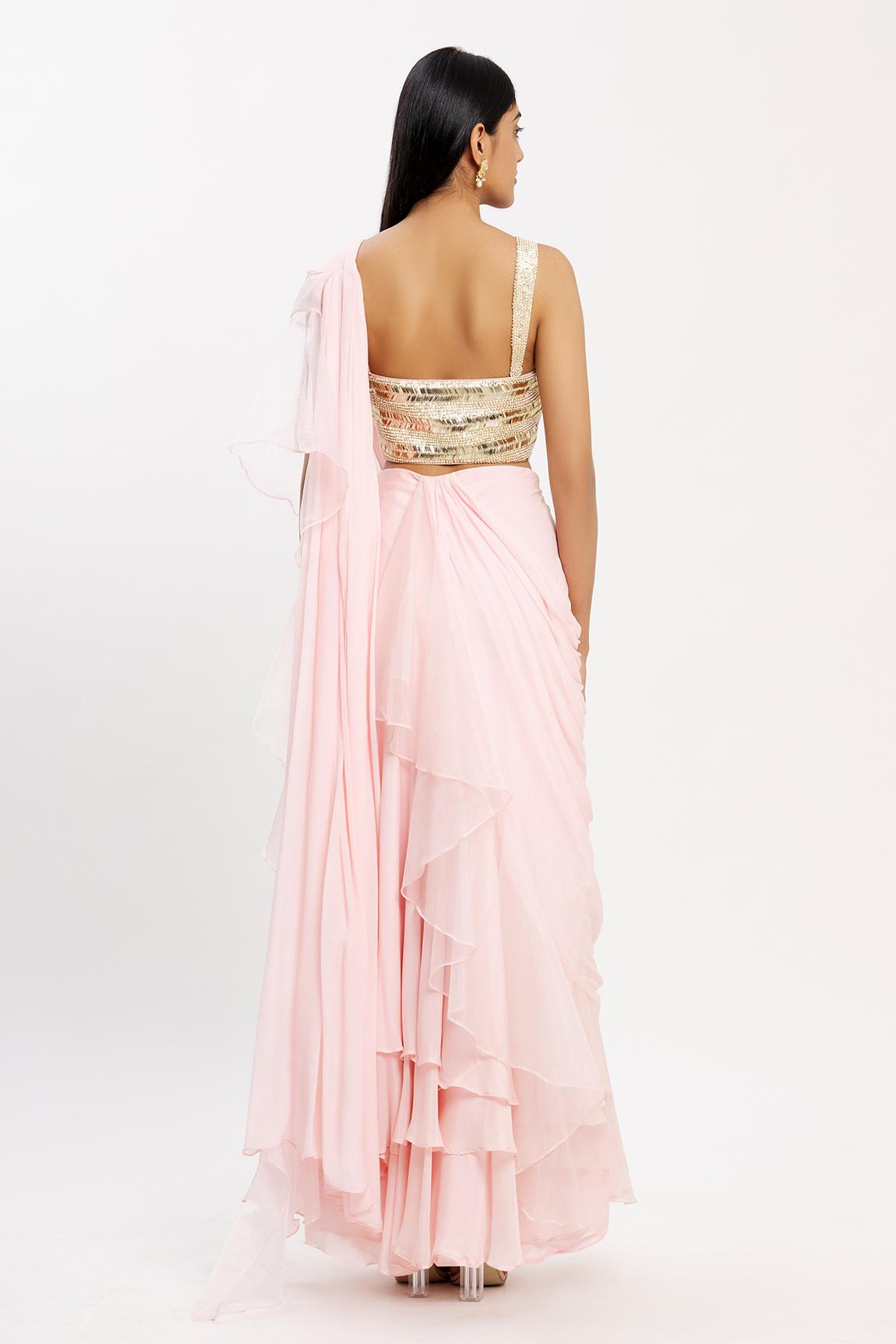 Peach Chiffon Organza Ruffle Pre-draped Saree