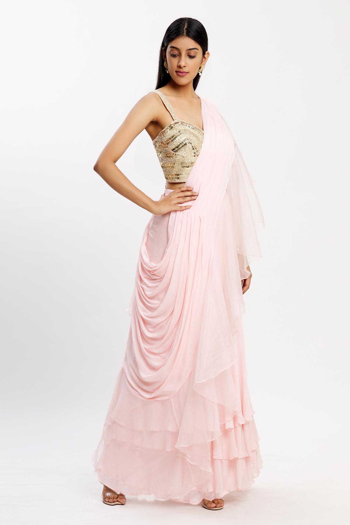 Peach Chiffon Organza Ruffle Pre-draped Saree