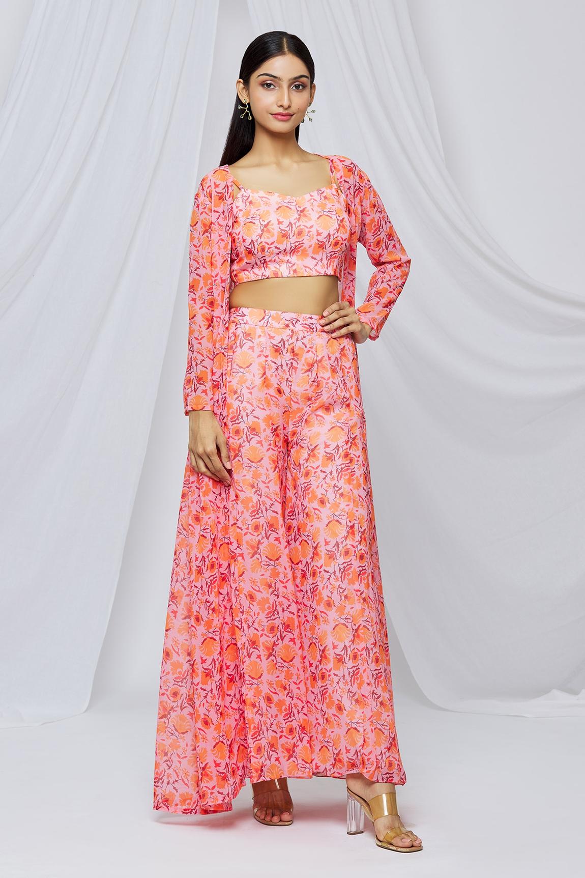 Peach Floral Print Jacket And Pant Set