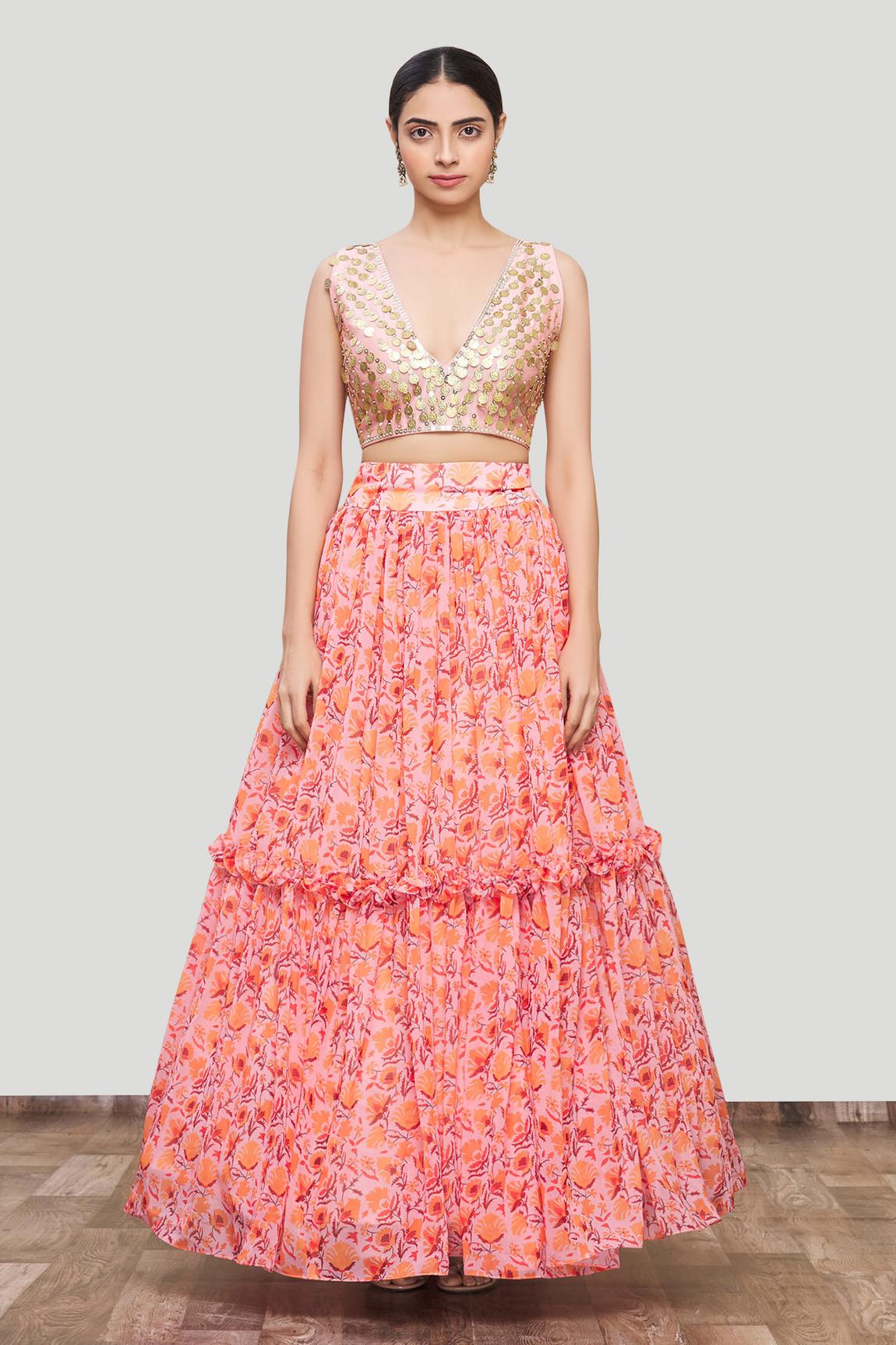 Peach Georgette Printed Cape And Lehenga Set