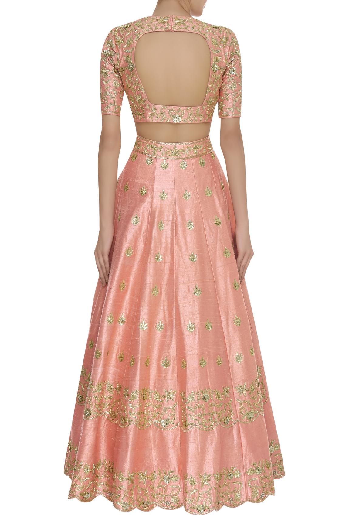 Peach Gota And Mirror Embroidered Lehenga Set