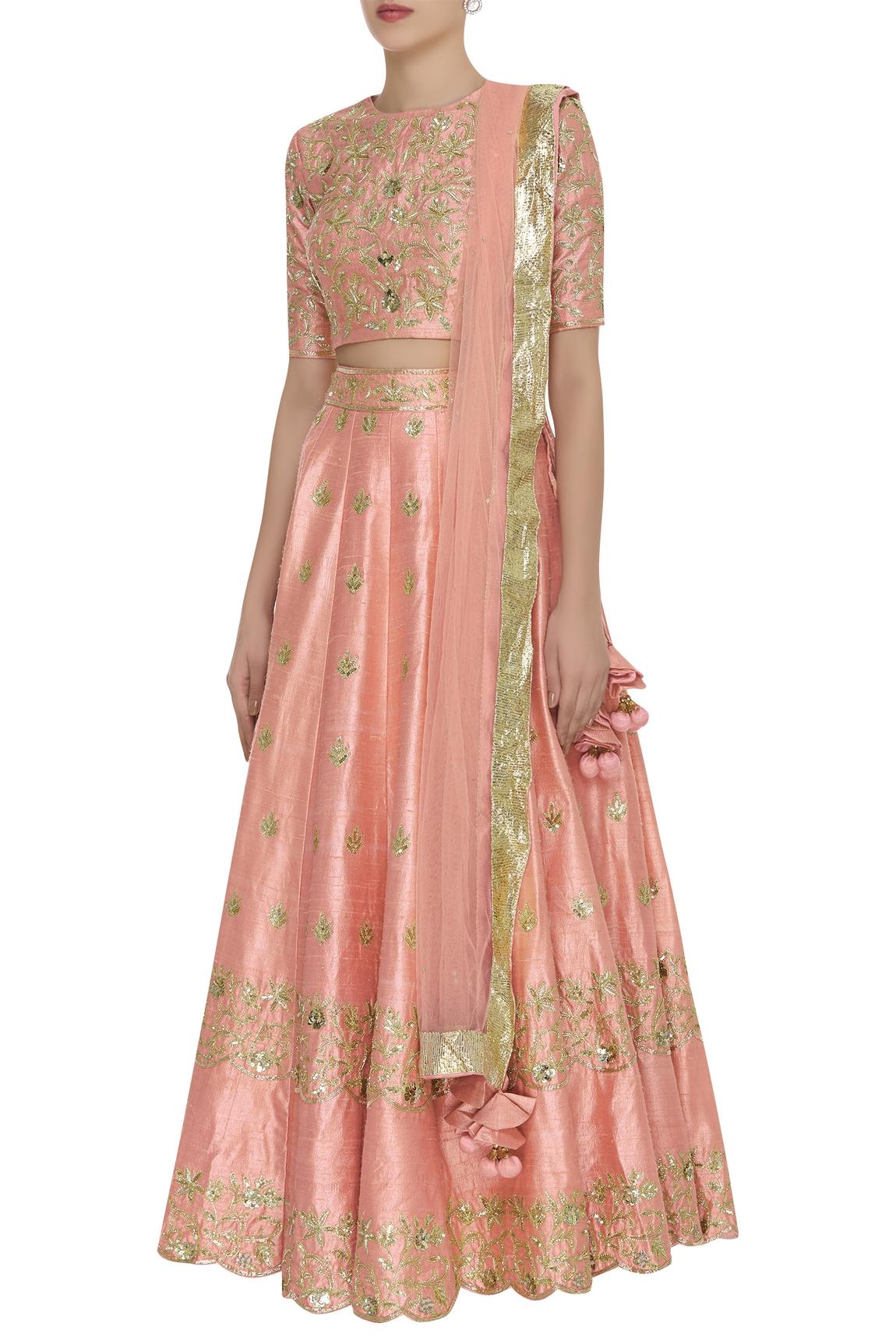 Peach Gota And Mirror Embroidered Lehenga Set