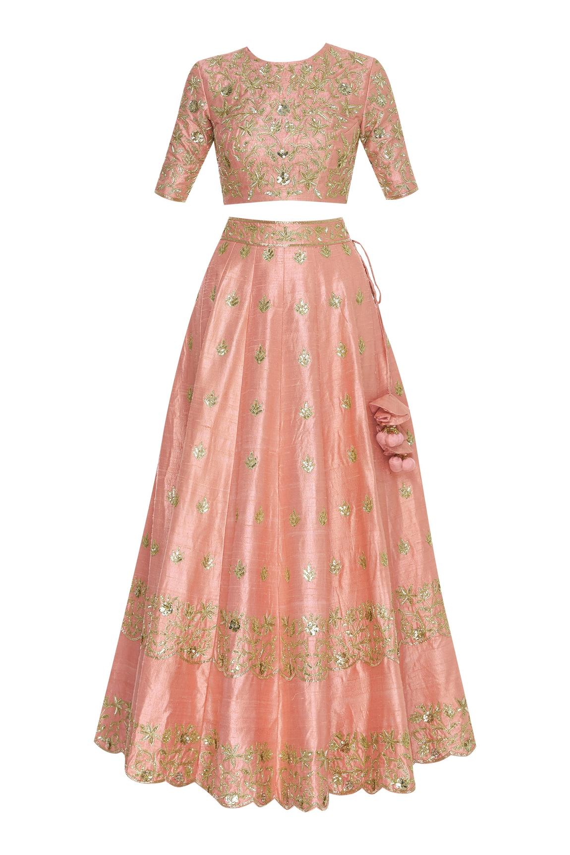 Peach Gota And Mirror Embroidered Lehenga Set