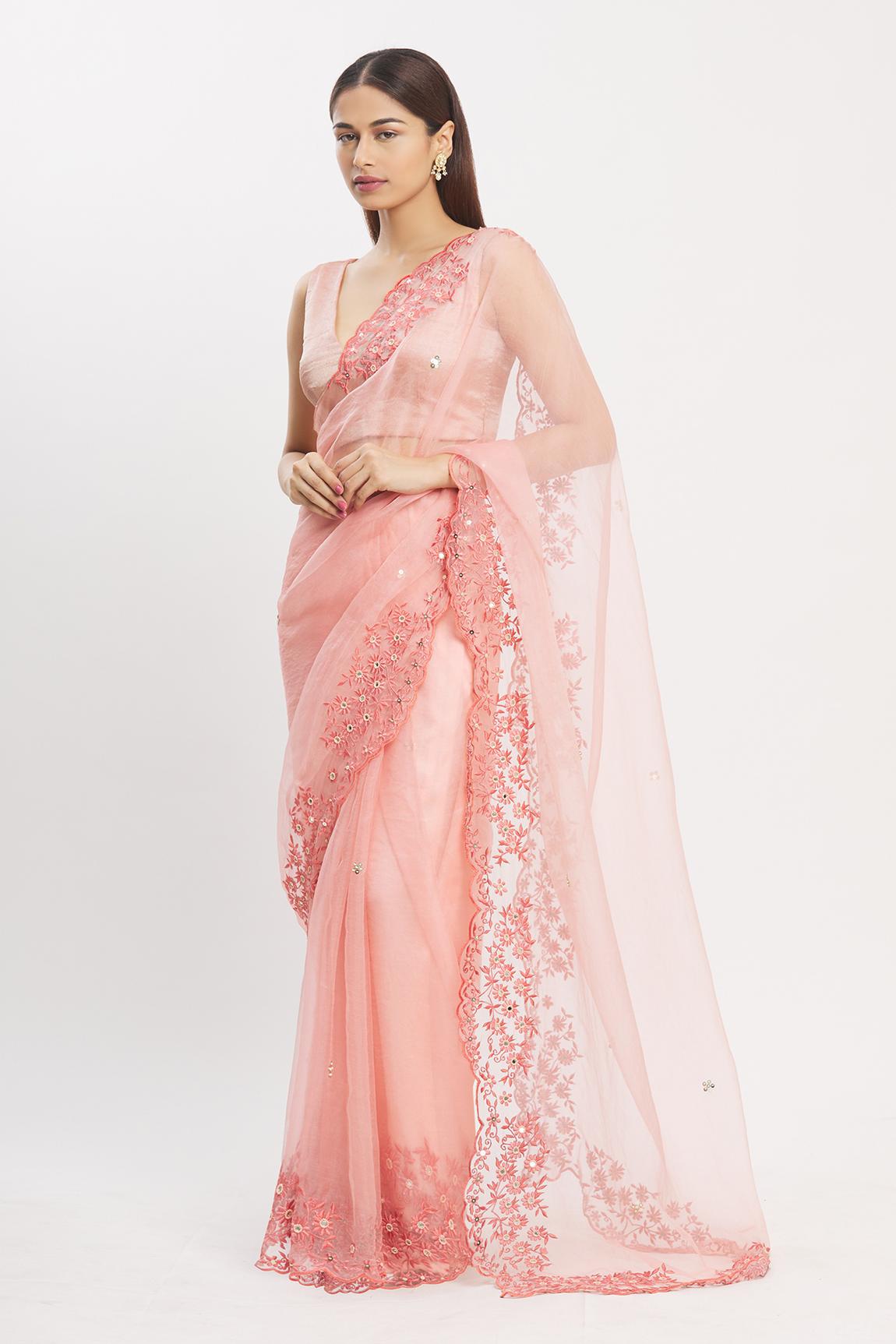 Peach Silk Organza Saree With Blouse