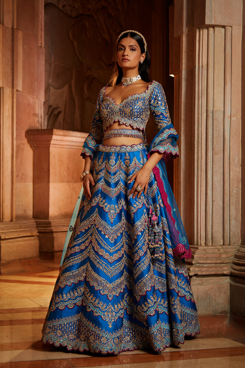 Peacock Blue Tafetta Lehenga Choli with Tulle Dupatta & Belt