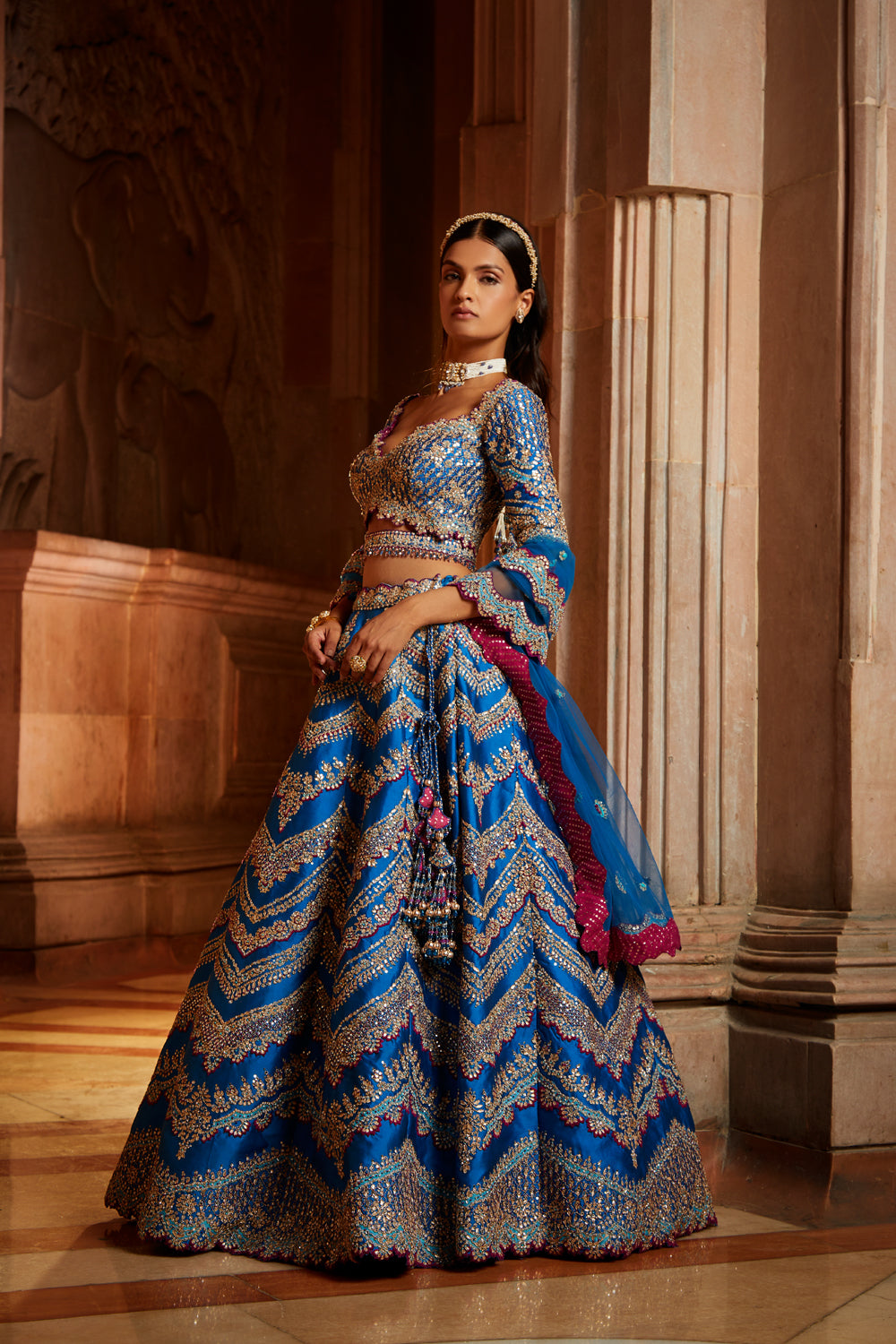 Peacock Blue Tafetta Lehenga Choli with Tulle Dupatta & Belt