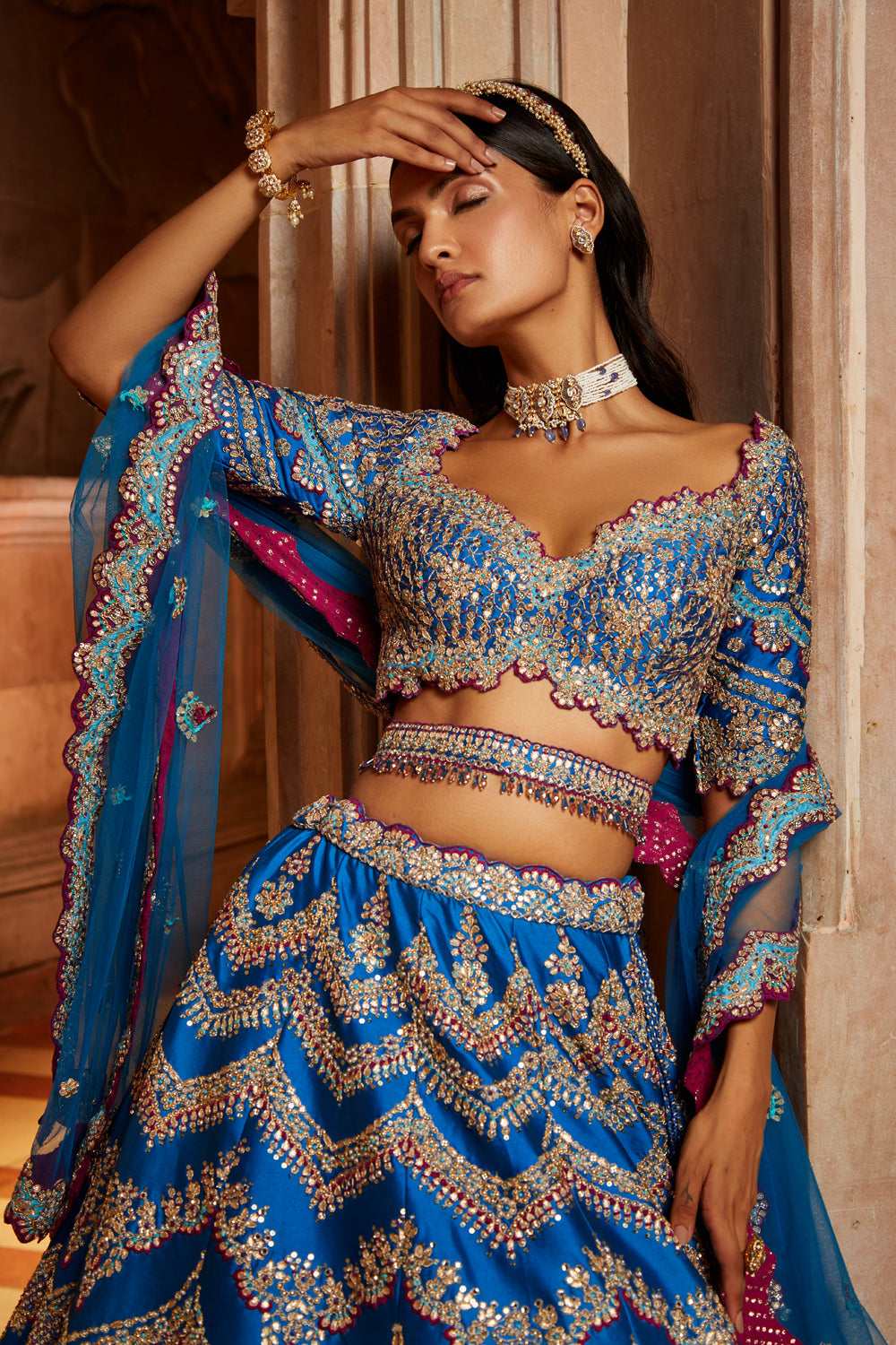 Peacock Blue Tafetta Lehenga Choli with Tulle Dupatta & Belt