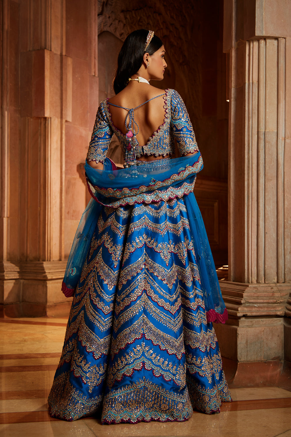Peacock Blue Tafetta Lehenga Choli with Tulle Dupatta & Belt