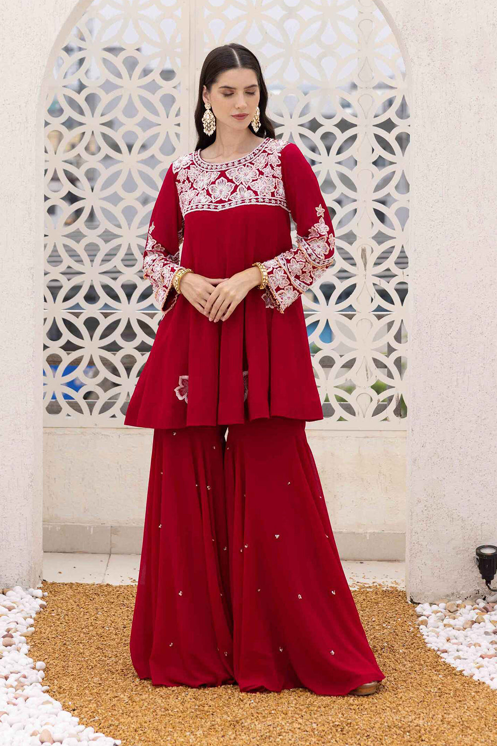 Plum Georgette Peplum Short Kurta with Flared Sharara Set