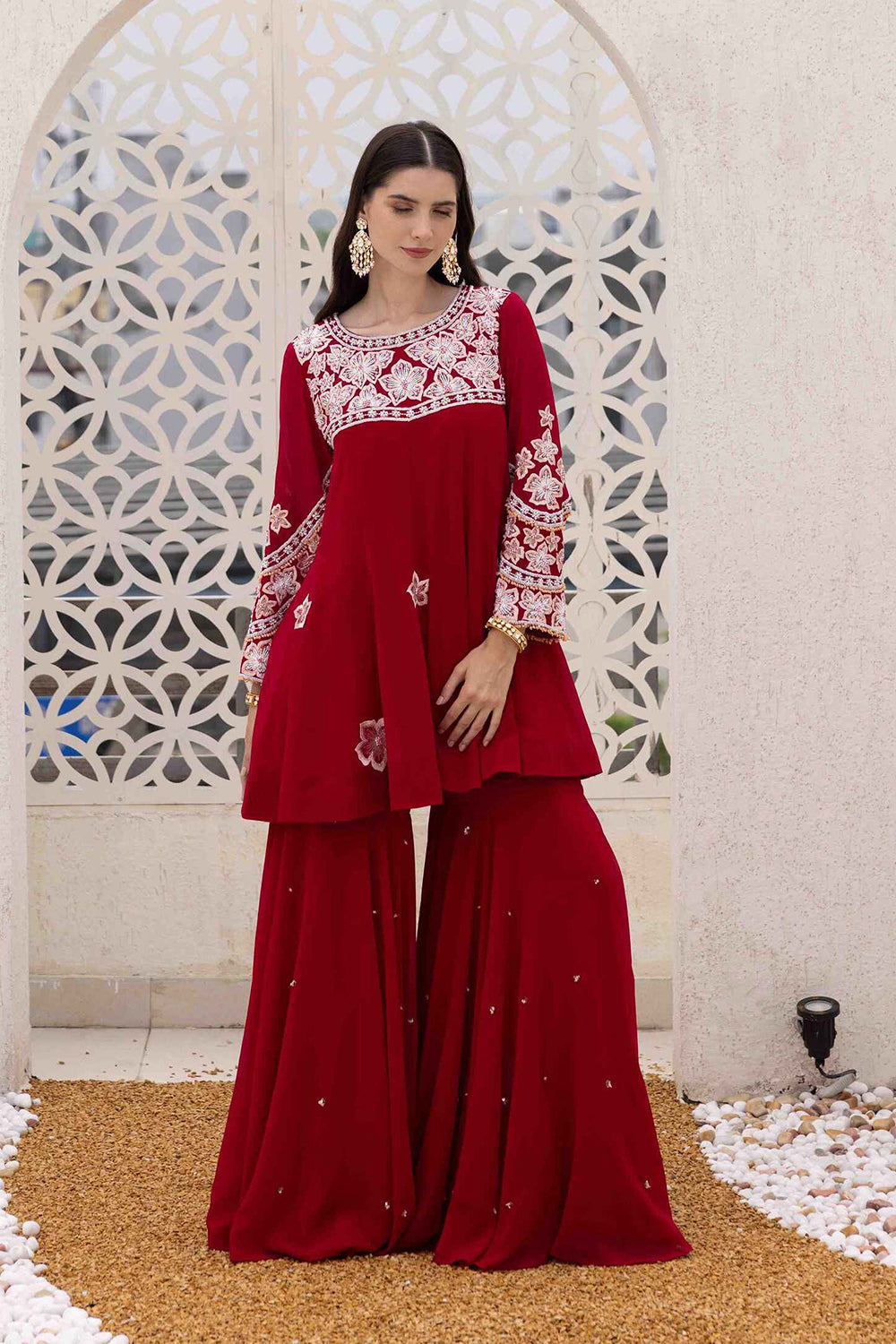 Plum Georgette Peplum Short Kurta with Flared Sharara Set