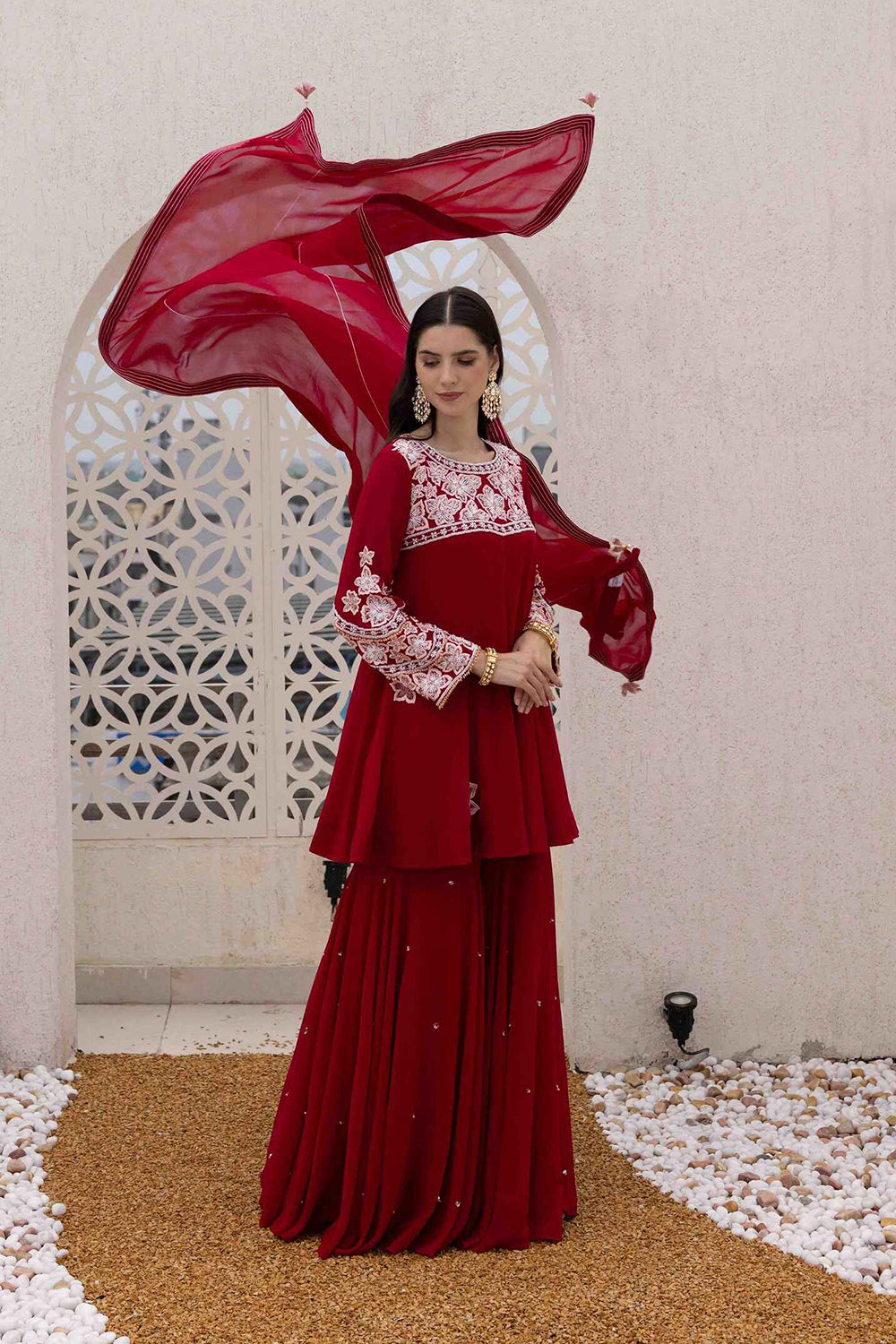 Plum Georgette Peplum Short Kurta with Flared Sharara Set