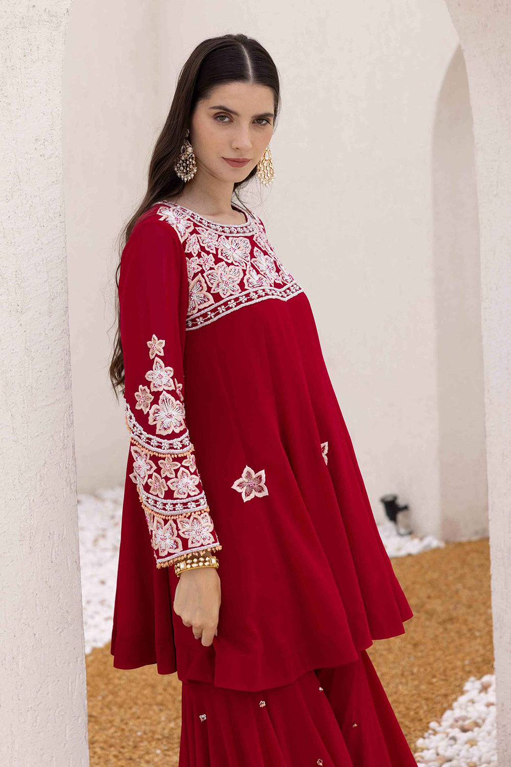 Plum Georgette Peplum Short Kurta with Flared Sharara Set