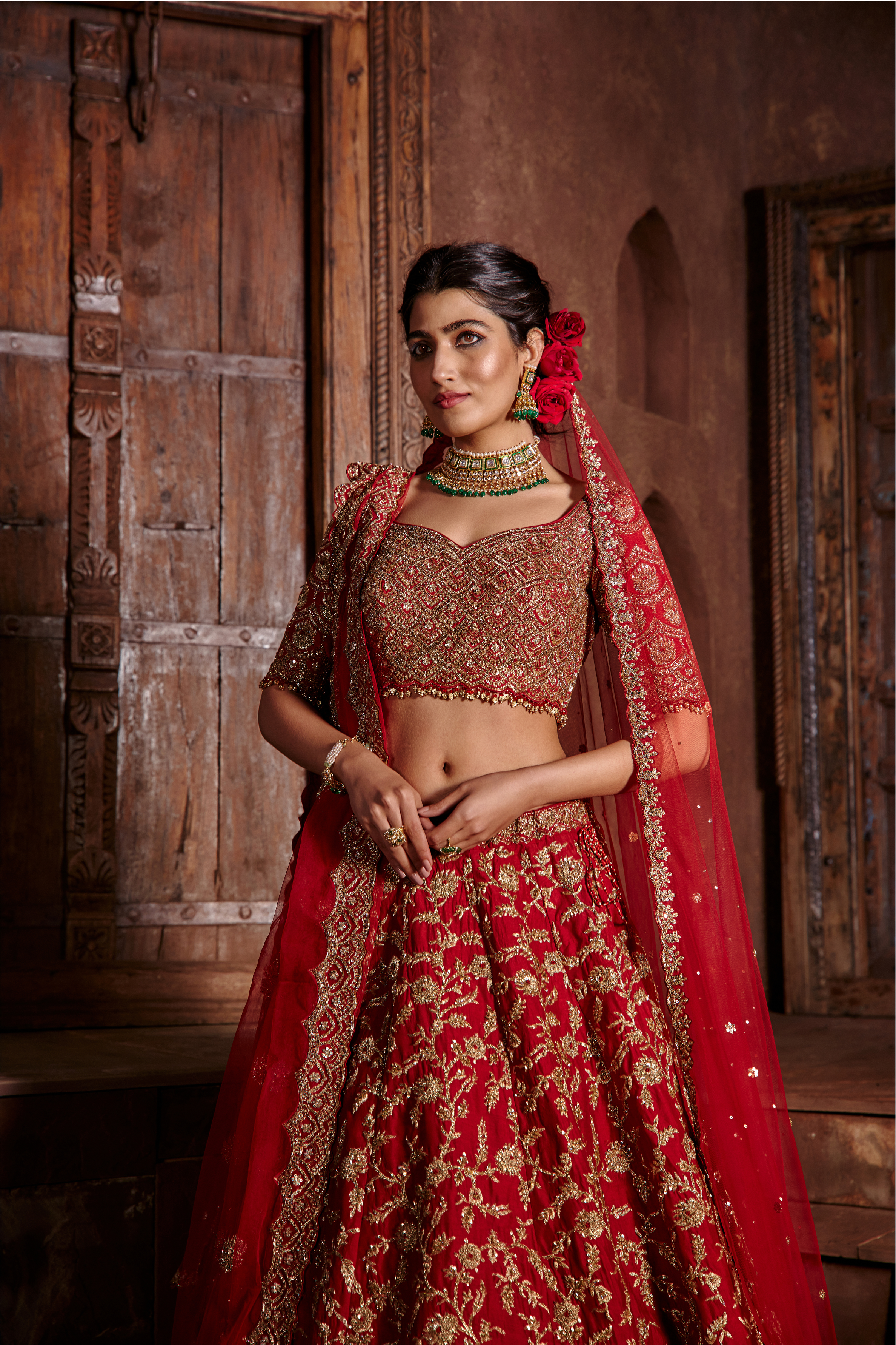 Deep Scarlet Red Raw Silk Lehenga with Antique Zari Work