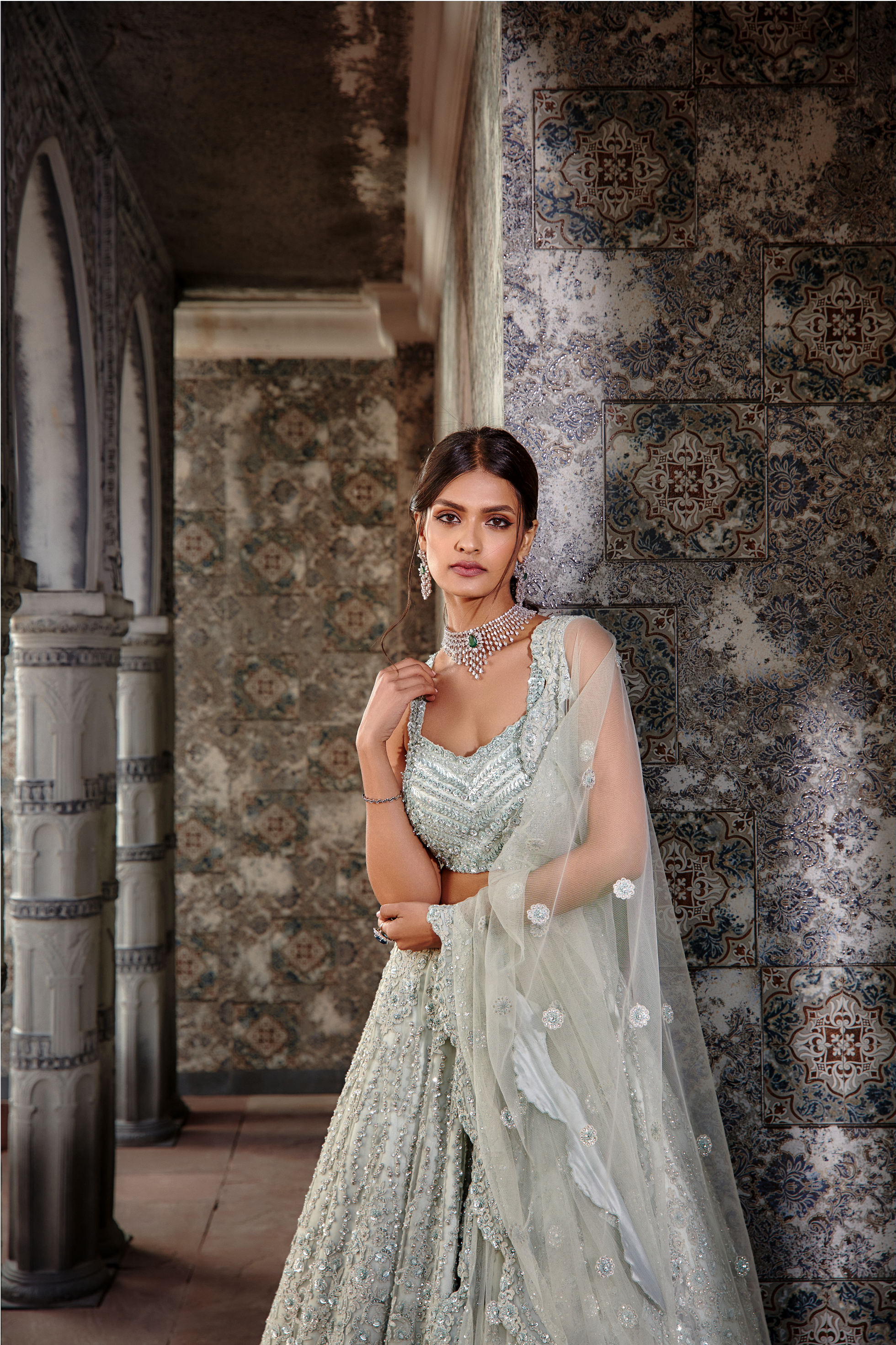 Sage Green Net Ari Lehenga Set with Halter Choli - Bridal Wear