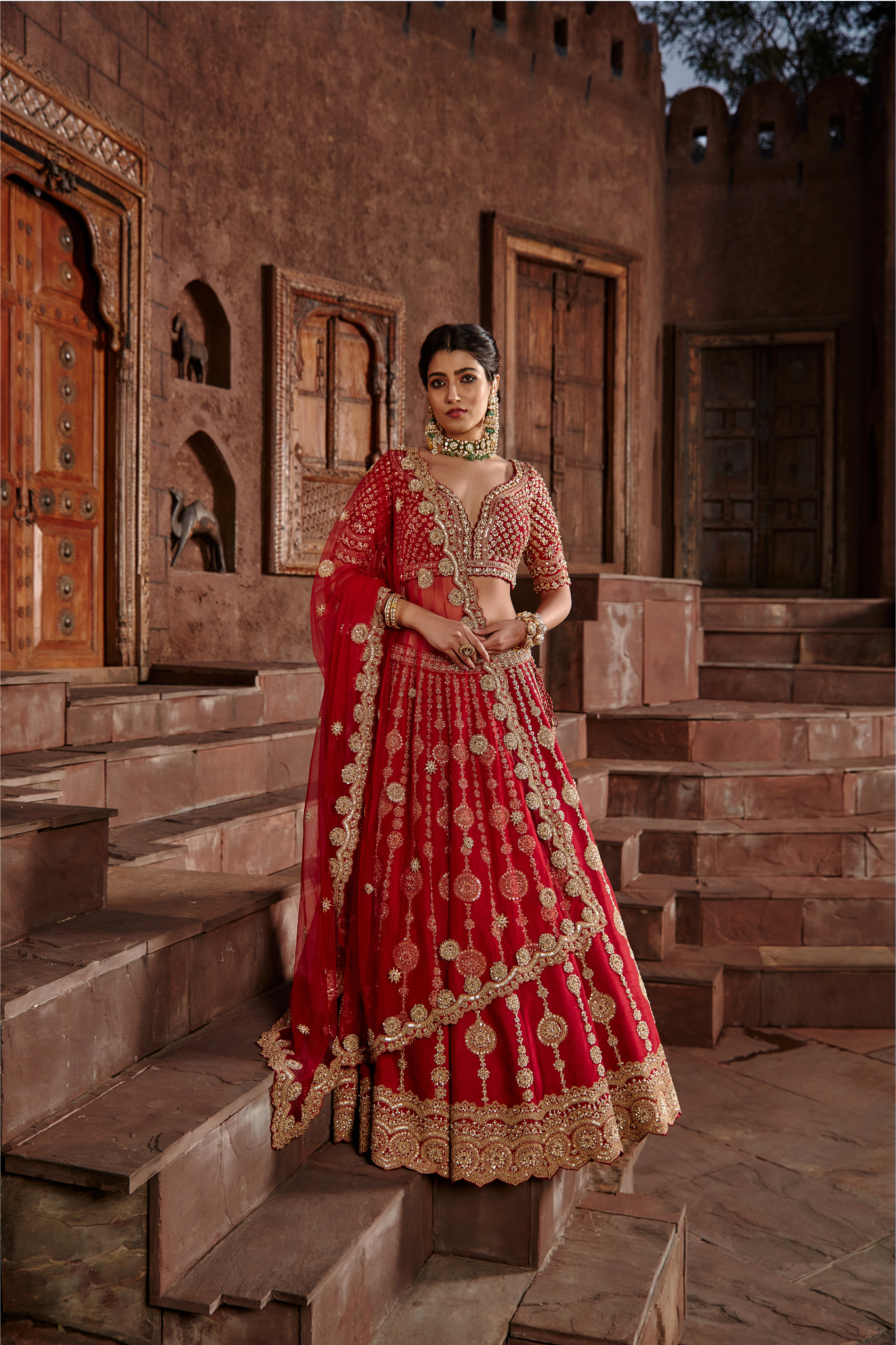 Deep Red Raw Silk Zardozi Lehenga Set with Tulle Dupatta