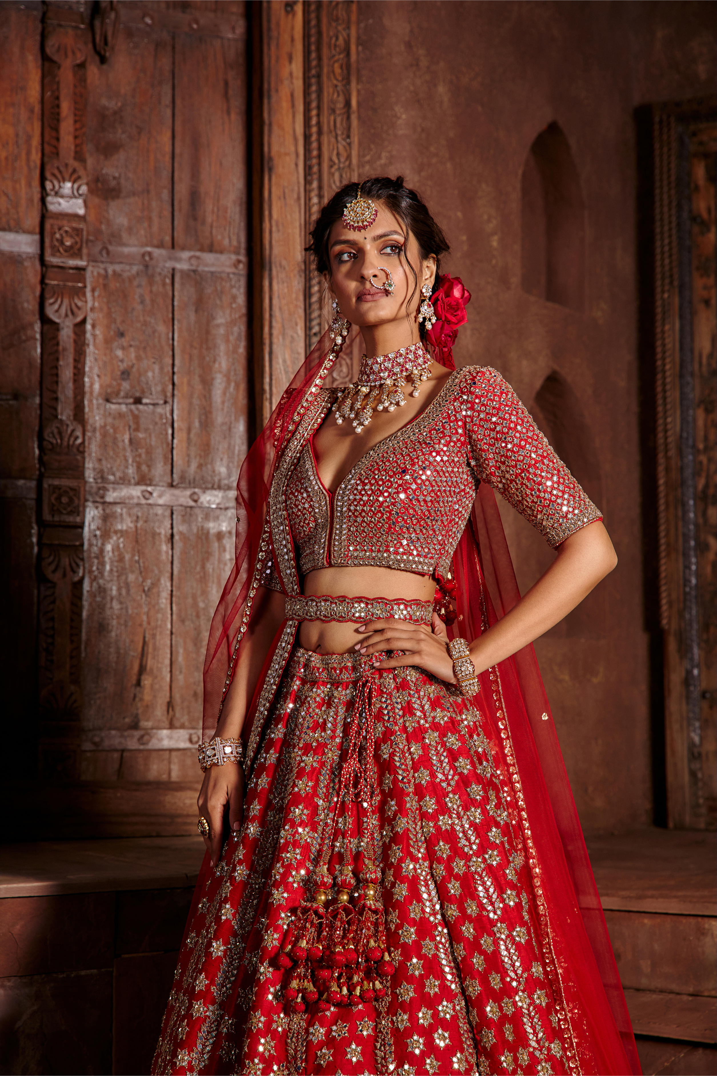 Crimson Red Raw Silk Lehenga Set with Antique Dabka & Mirror Work