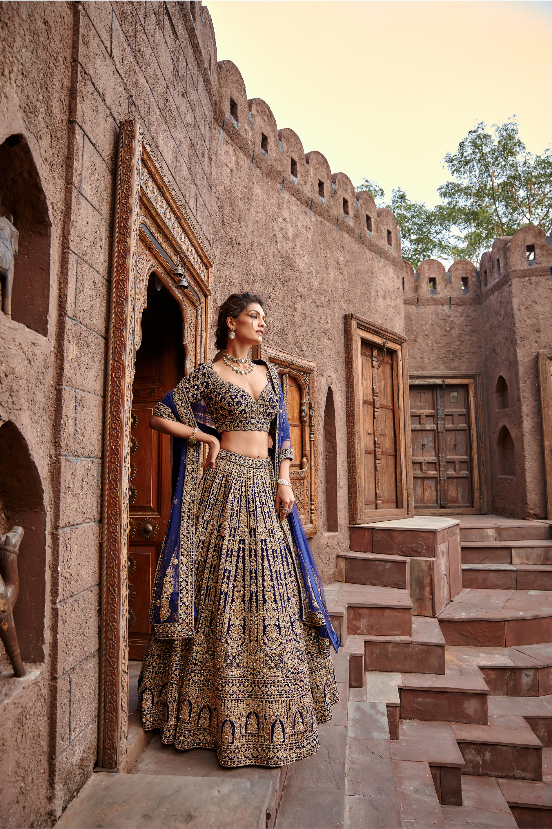 Navy Blue Velvet Lehenga Set with Antique Dori Work for Weddings