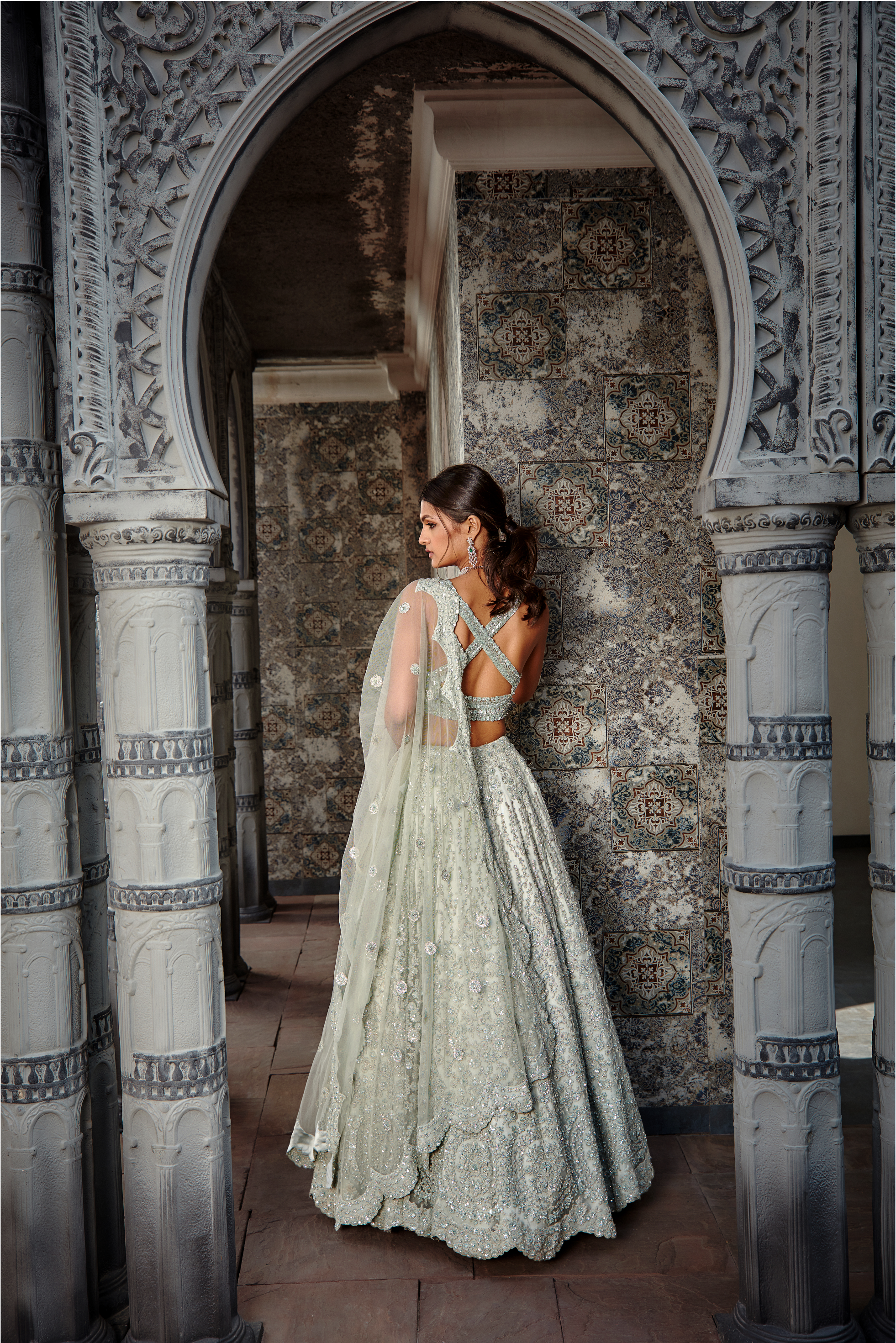 Sage Green Net Ari Lehenga Set with Halter Choli - Bridal Wear