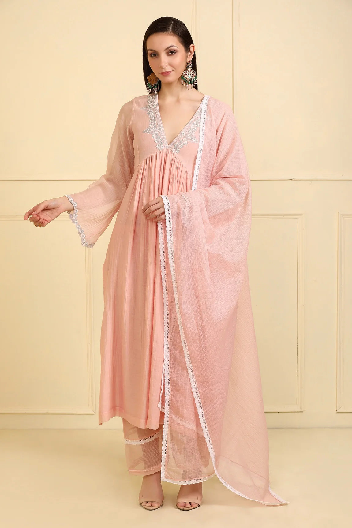 Pink Chanderi Silk Front Gather Kurta Pant Set