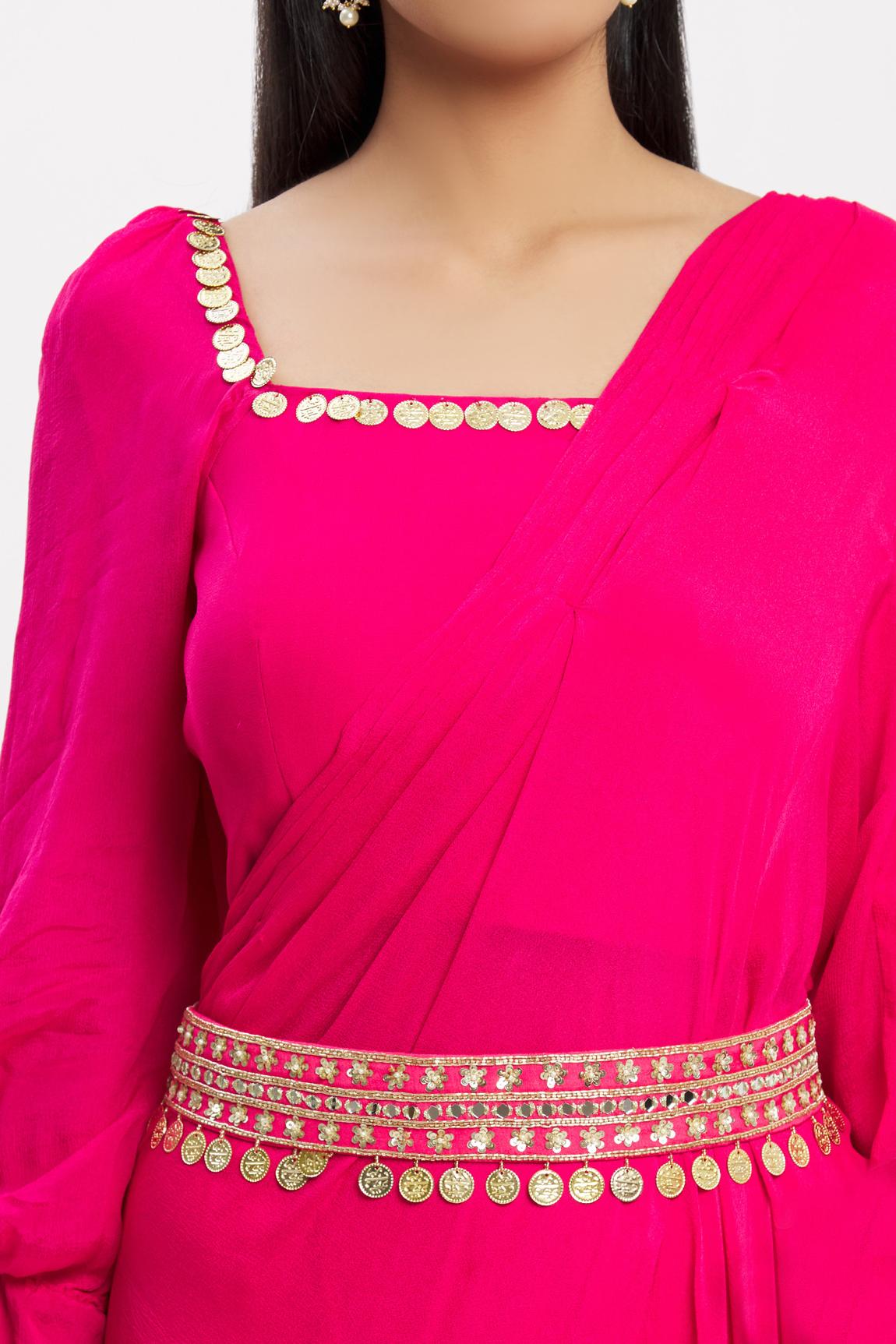 Pink Chiffon Ruffle Saree With Embroidered Blouse