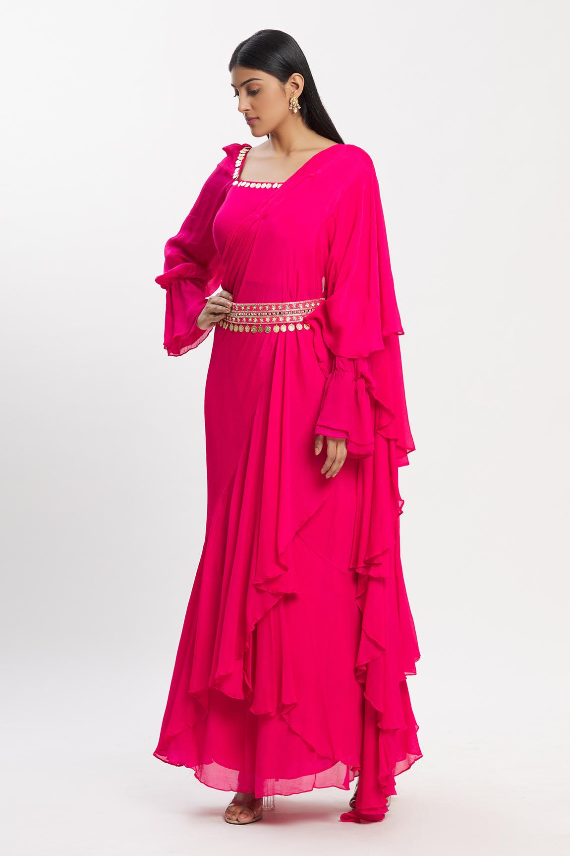 Pink Chiffon Ruffle Saree With Embroidered Blouse