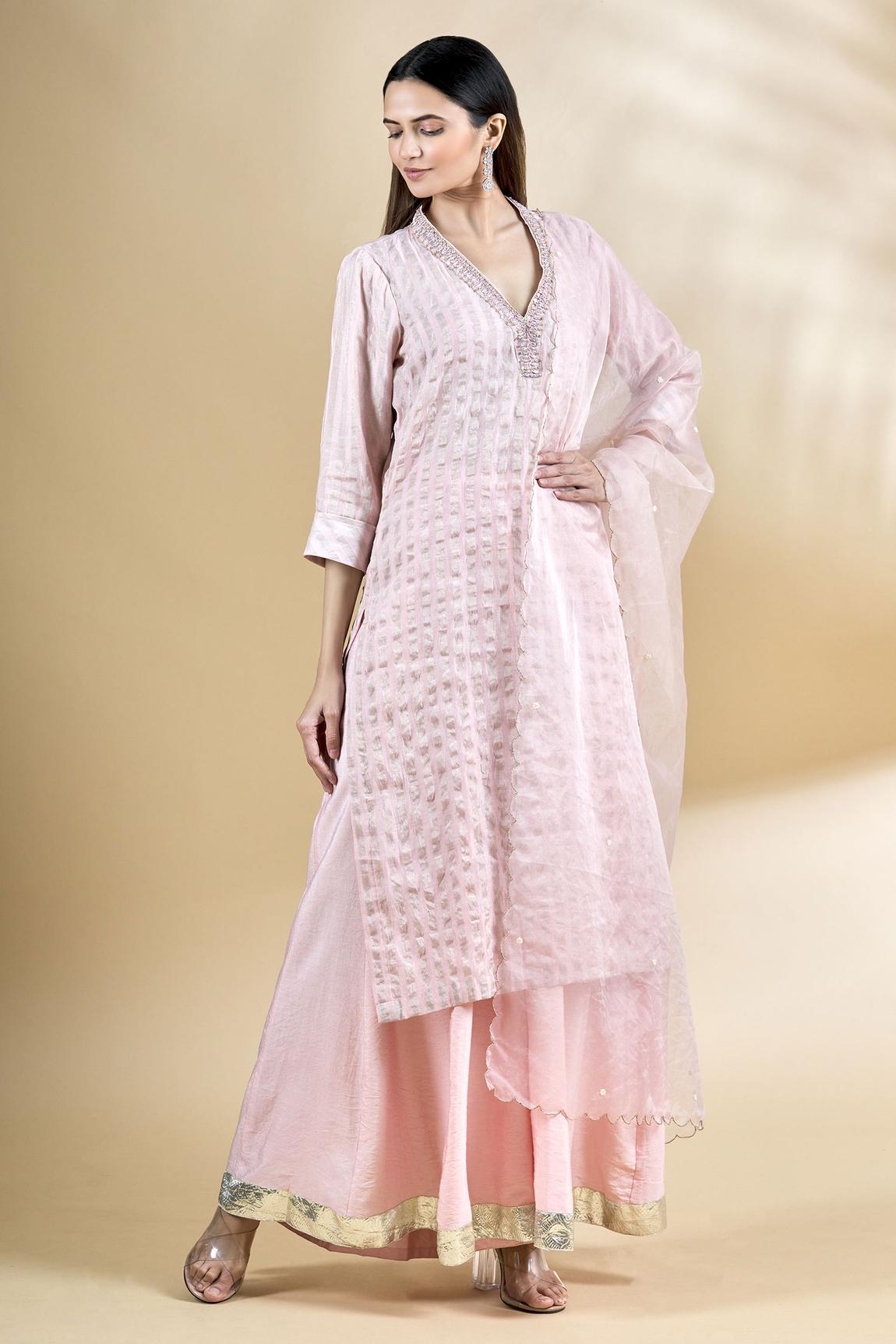 Pink Embroidered Chanderi Kurta Palazzo Set