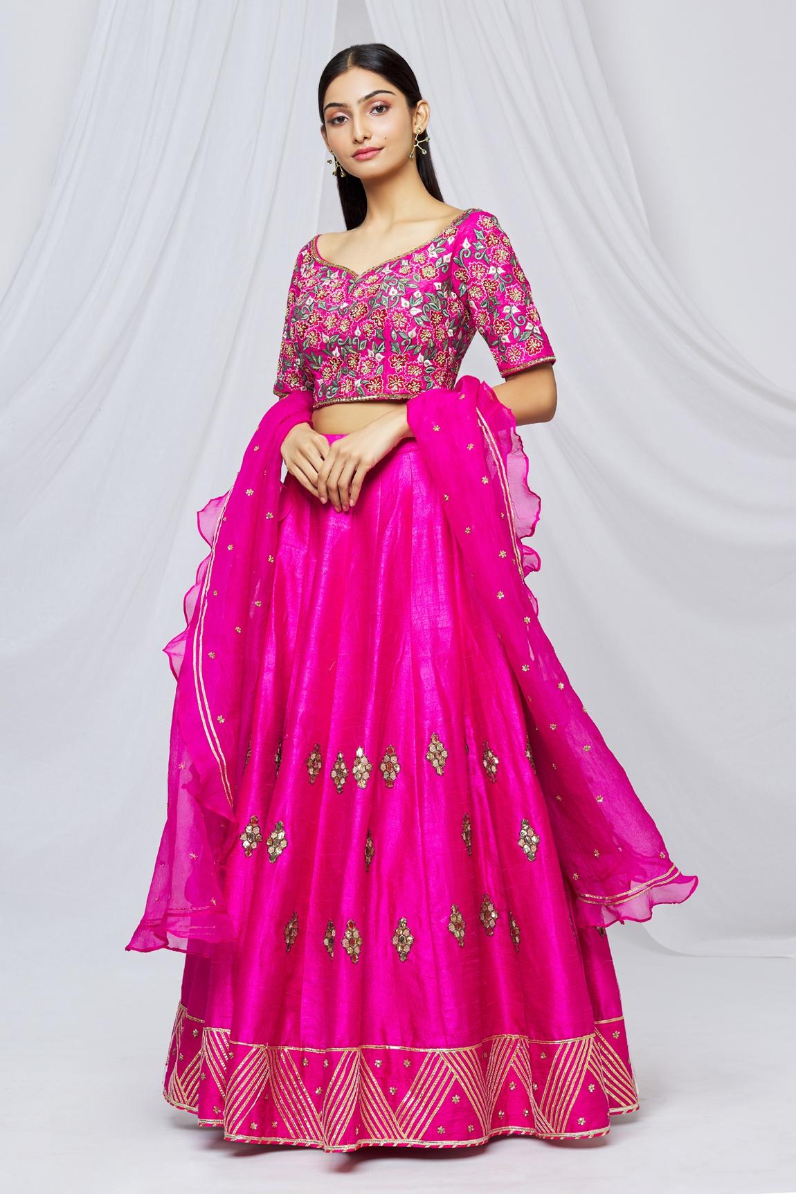 Pink Raw Silk Floral Embroidered Lehenga Set