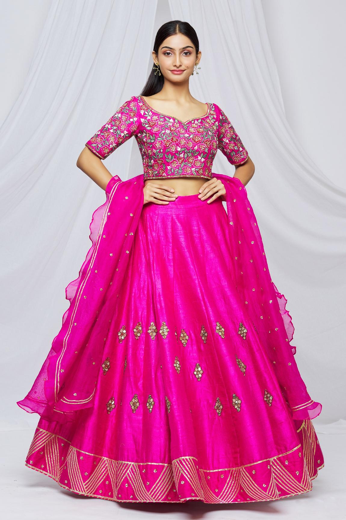 Pink Raw Silk Floral Embroidered Lehenga Set