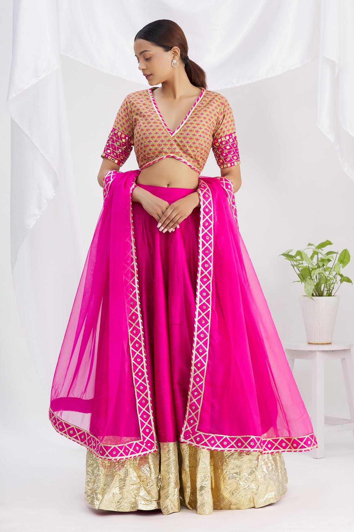 Pink Raw Silk Mirror Embroidered Lehenga Set