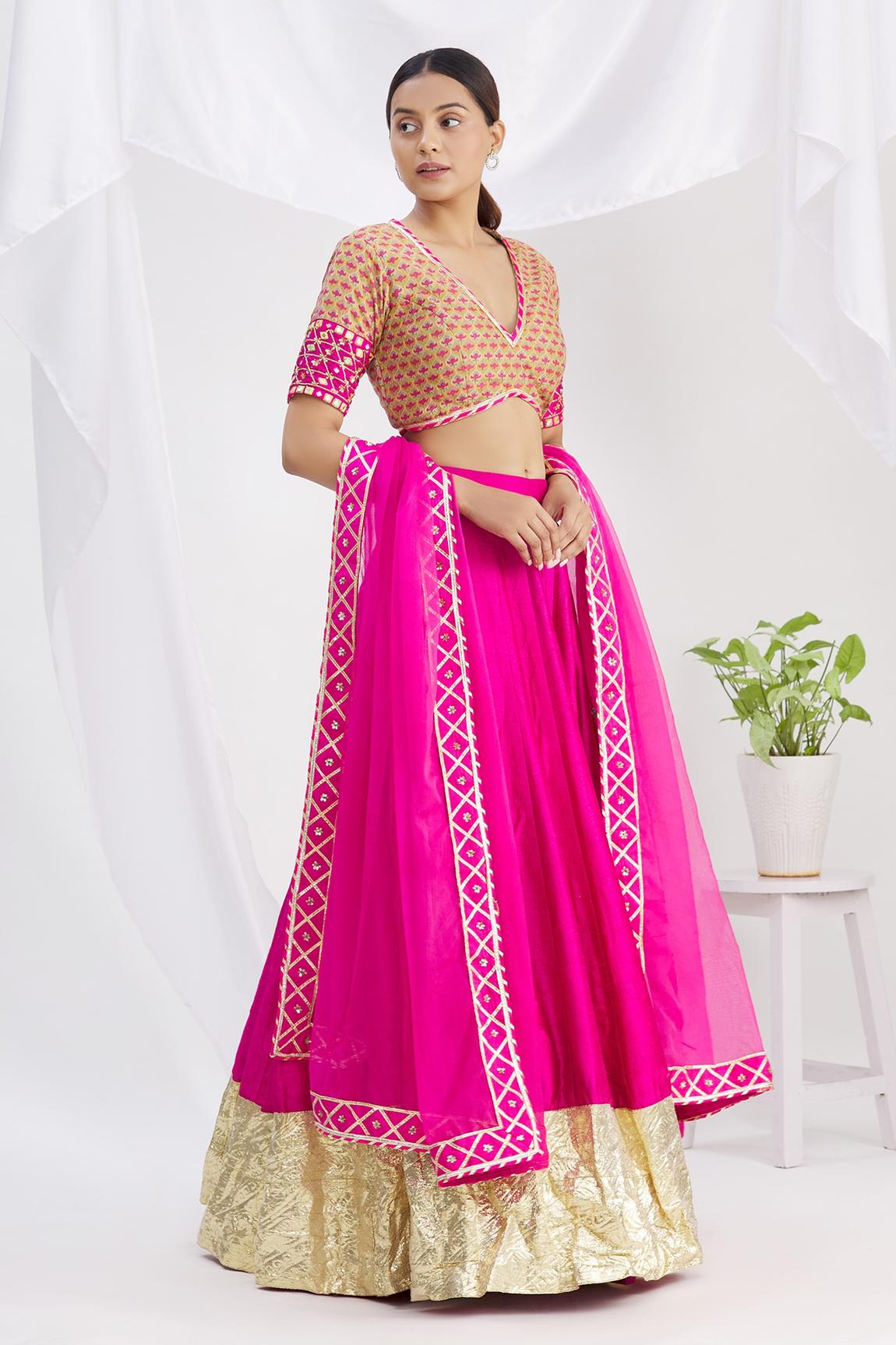 Pink Raw Silk Mirror Embroidered Lehenga Set