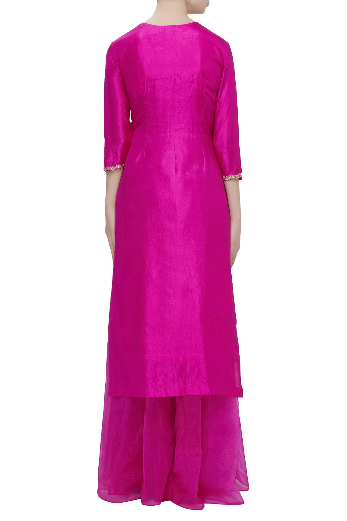 Pink Silk Embroidered Kurta Palazzo Set