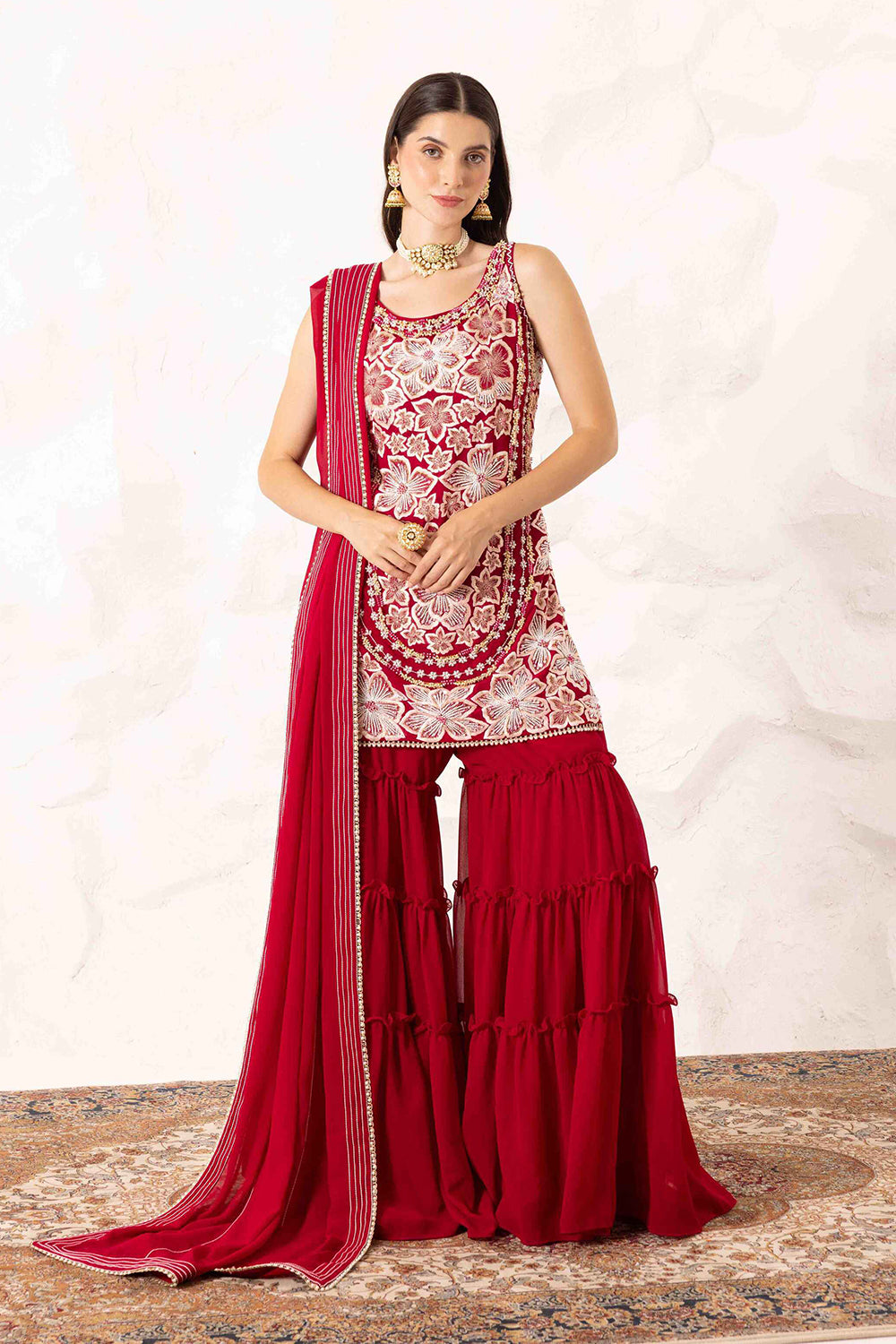 Prisha Plum Floral Embroidered Kurta with Frill Sharara Set