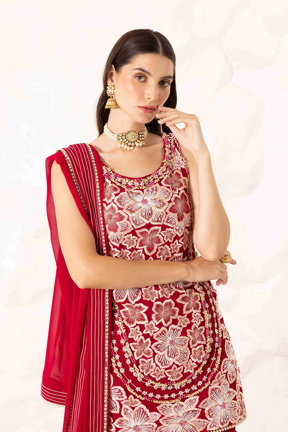Prisha Plum Floral Embroidered Kurta with Frill Sharara Set