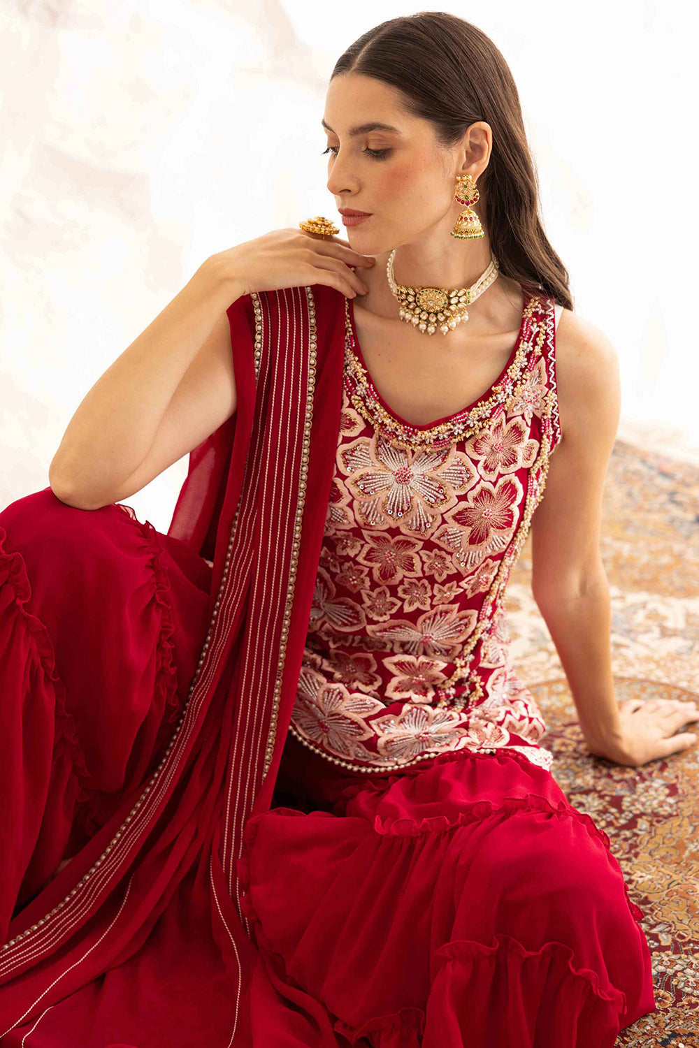 Prisha Plum Floral Embroidered Kurta with Frill Sharara Set