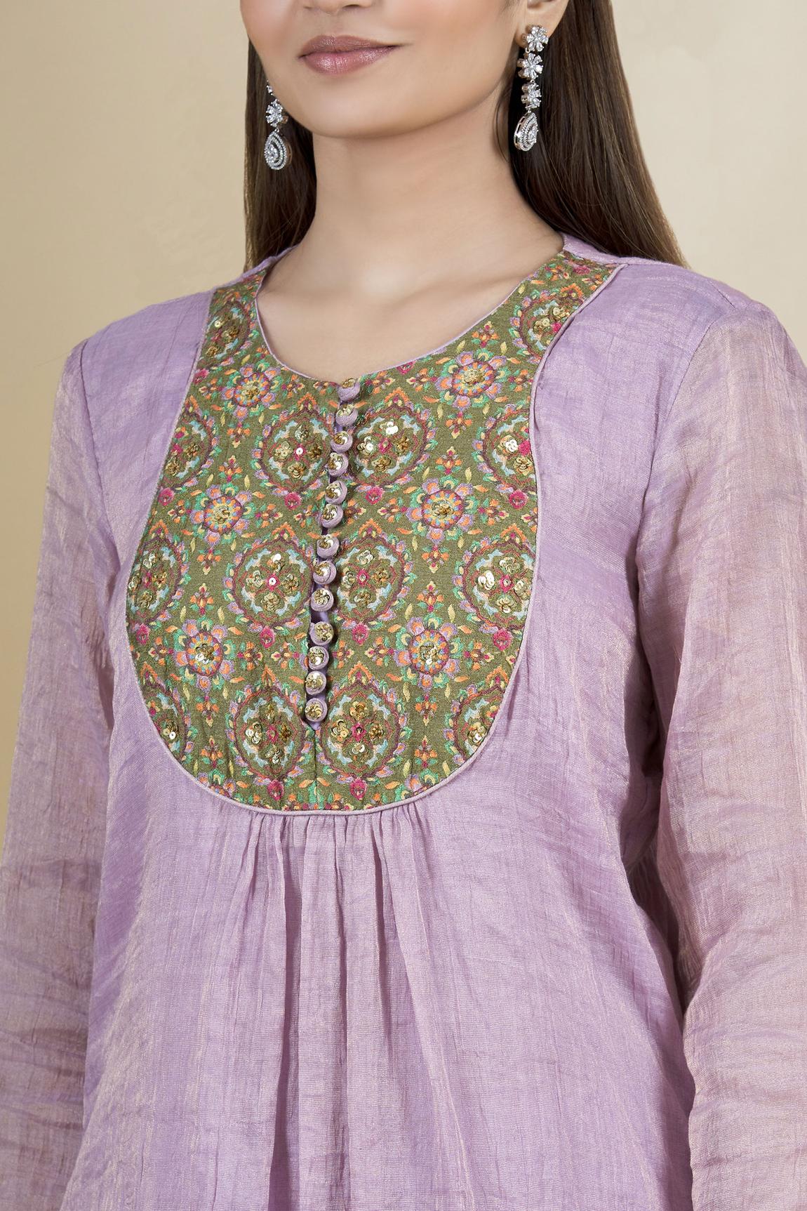 Purple Embroidered Chanderi Kurta Set