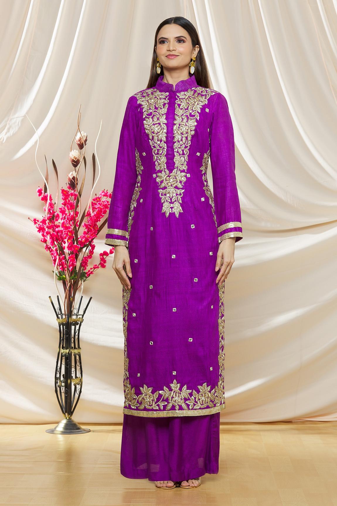 Purple Matka Silk Zari Embroidered Kurta Set