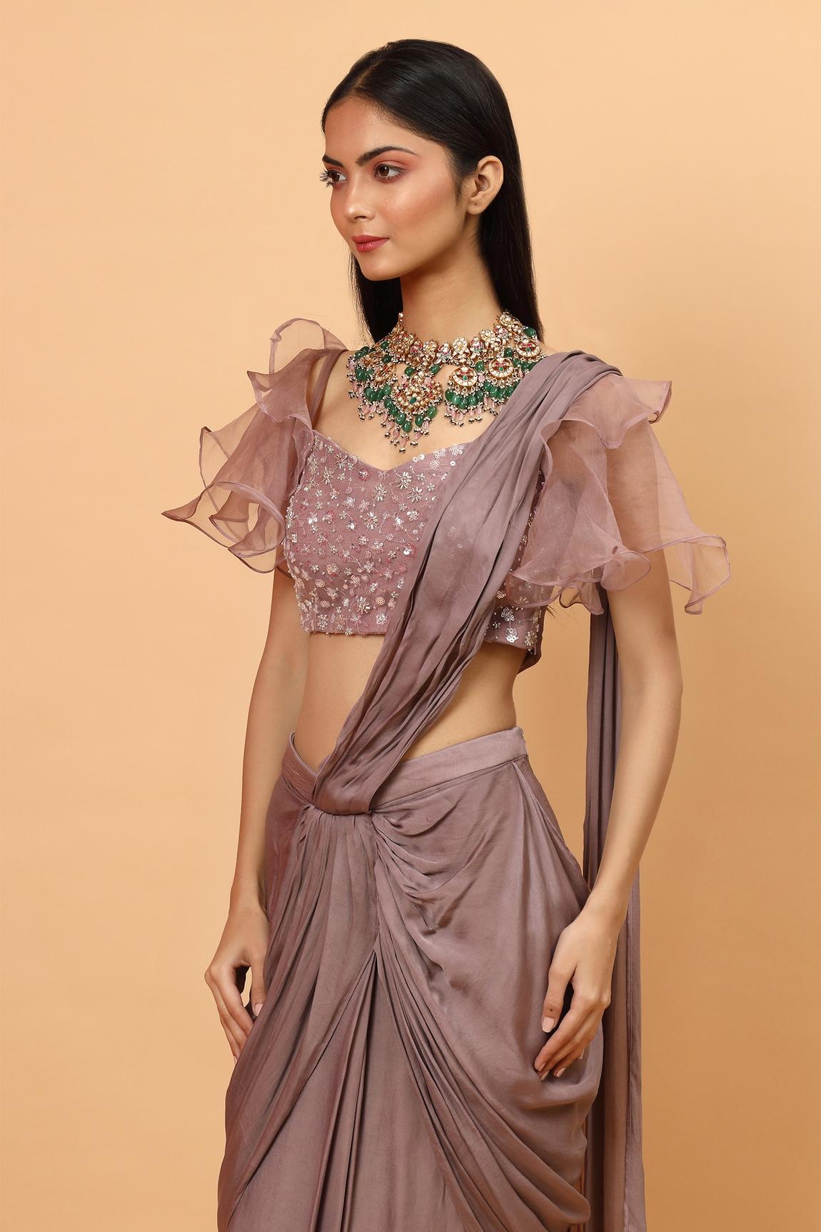 Mauve Net Pre-draped Saree With Embroidered Blouse