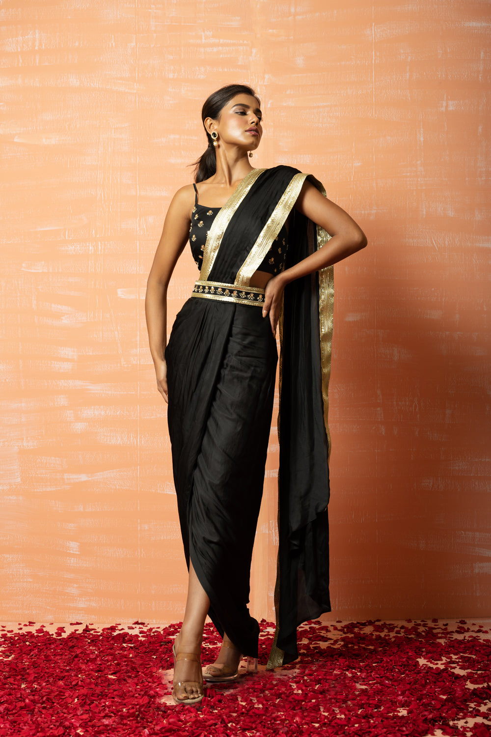 Black Dhoti Saree Set With Belt - Auraya Fashion - Quench A Thirst - 