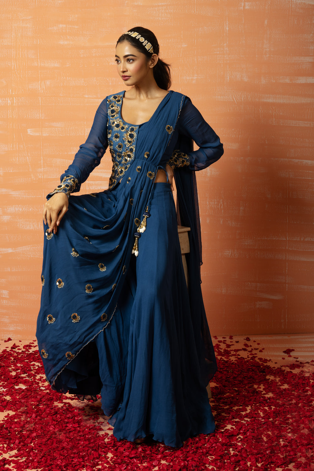 Blue Hand Embroidered Jacket Sharara  Part Saree Set - Auraya Fashion - Quench A Thirst - 