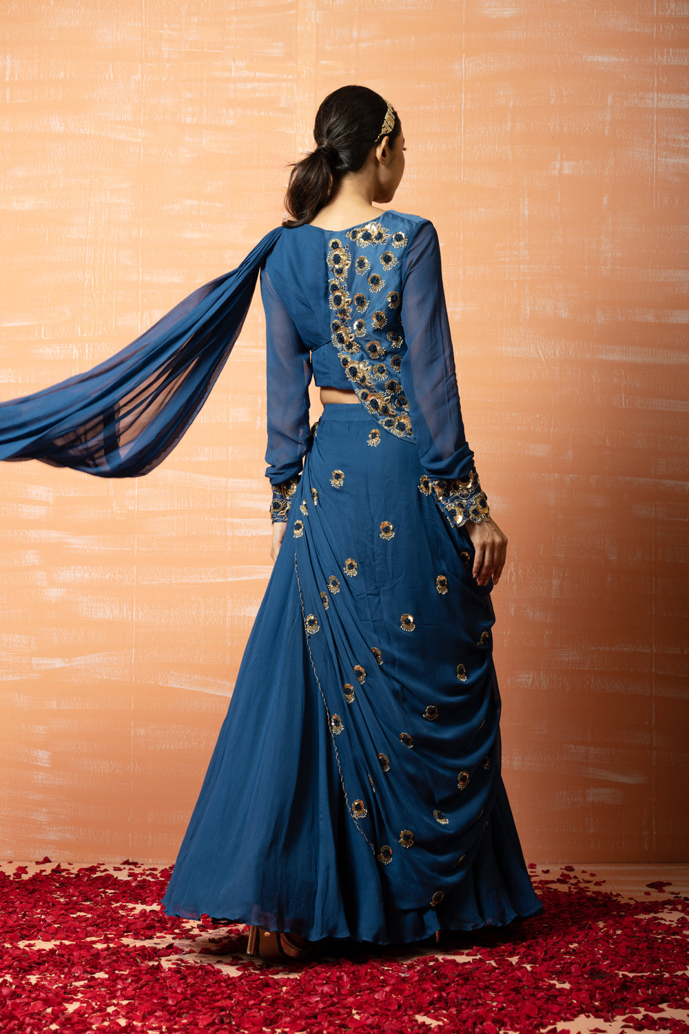 Blue Hand Embroidered Jacket Sharara  Part Saree Set - Auraya Fashion 