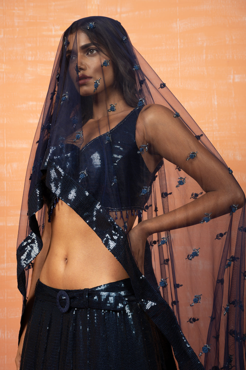 Blue Sequin Lehenga Set - Auraya Fashion 