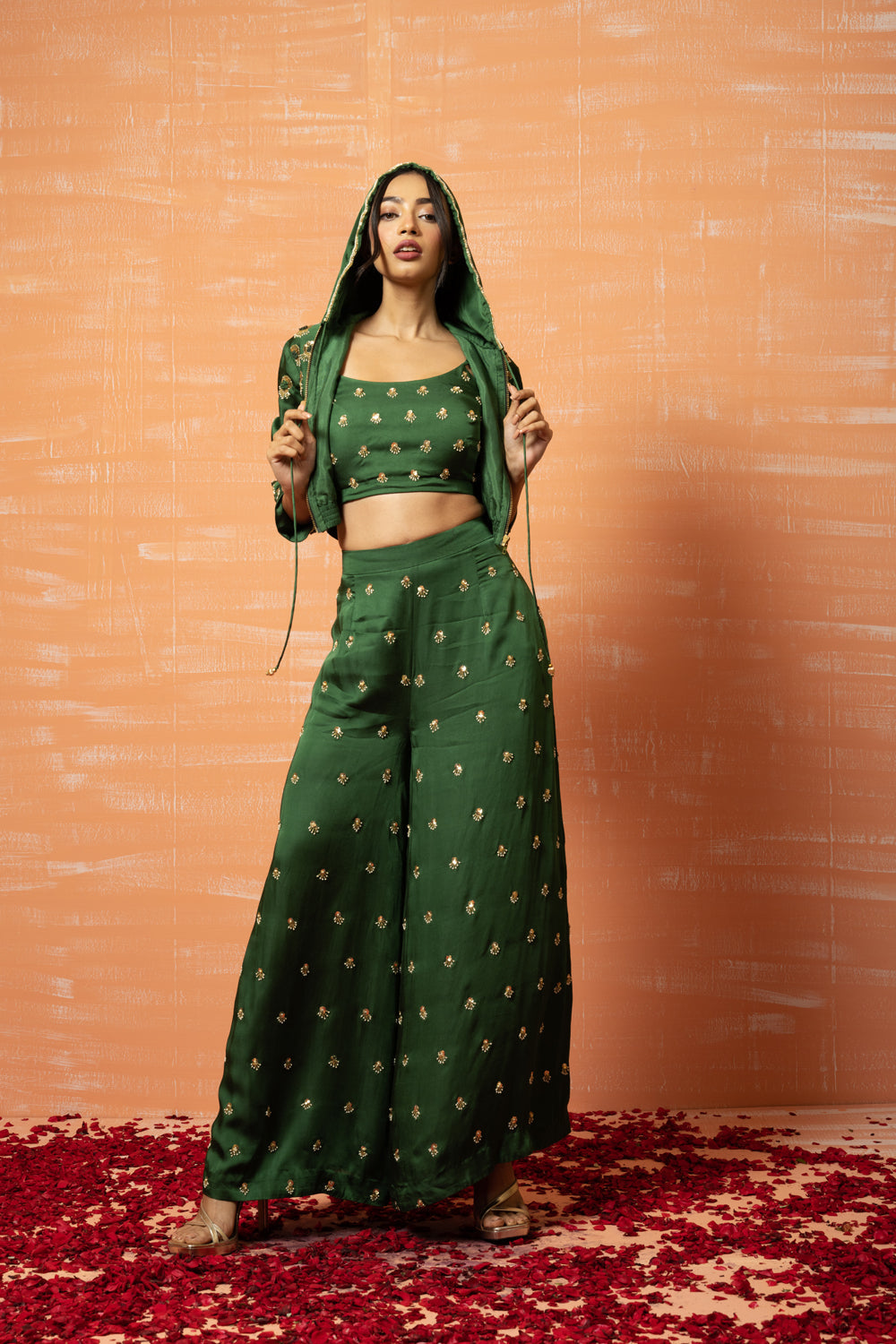 Green Hand Embroidered Hoodie And Palazzo Pant Set - Auraya Fashion - Quench A Thirst - 