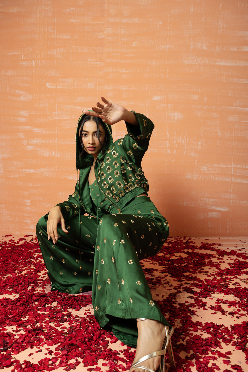 Green Hand Embroidered Hoodie And Palazzo Pant Set - Auraya Fashion 