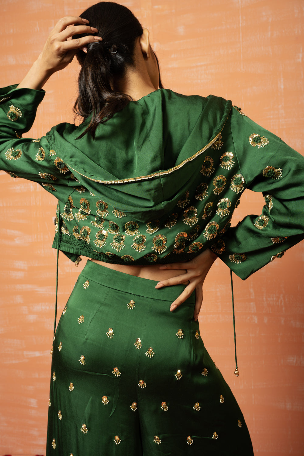 Green Hand Embroidered Hoodie And Palazzo Pant Set - Auraya Fashion 