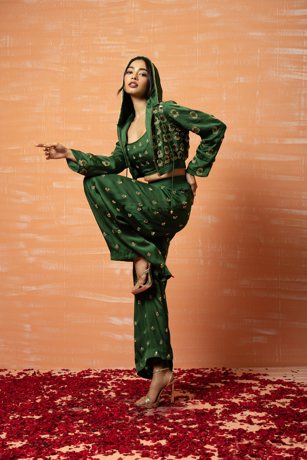 Green Hand Embroidered Hoodie And Palazzo Pant Set - Auraya Fashion 