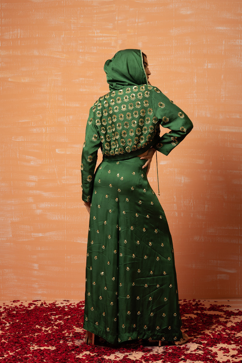 Green Hand Embroidered Hoodie And Palazzo Pant Set - Auraya Fashion 